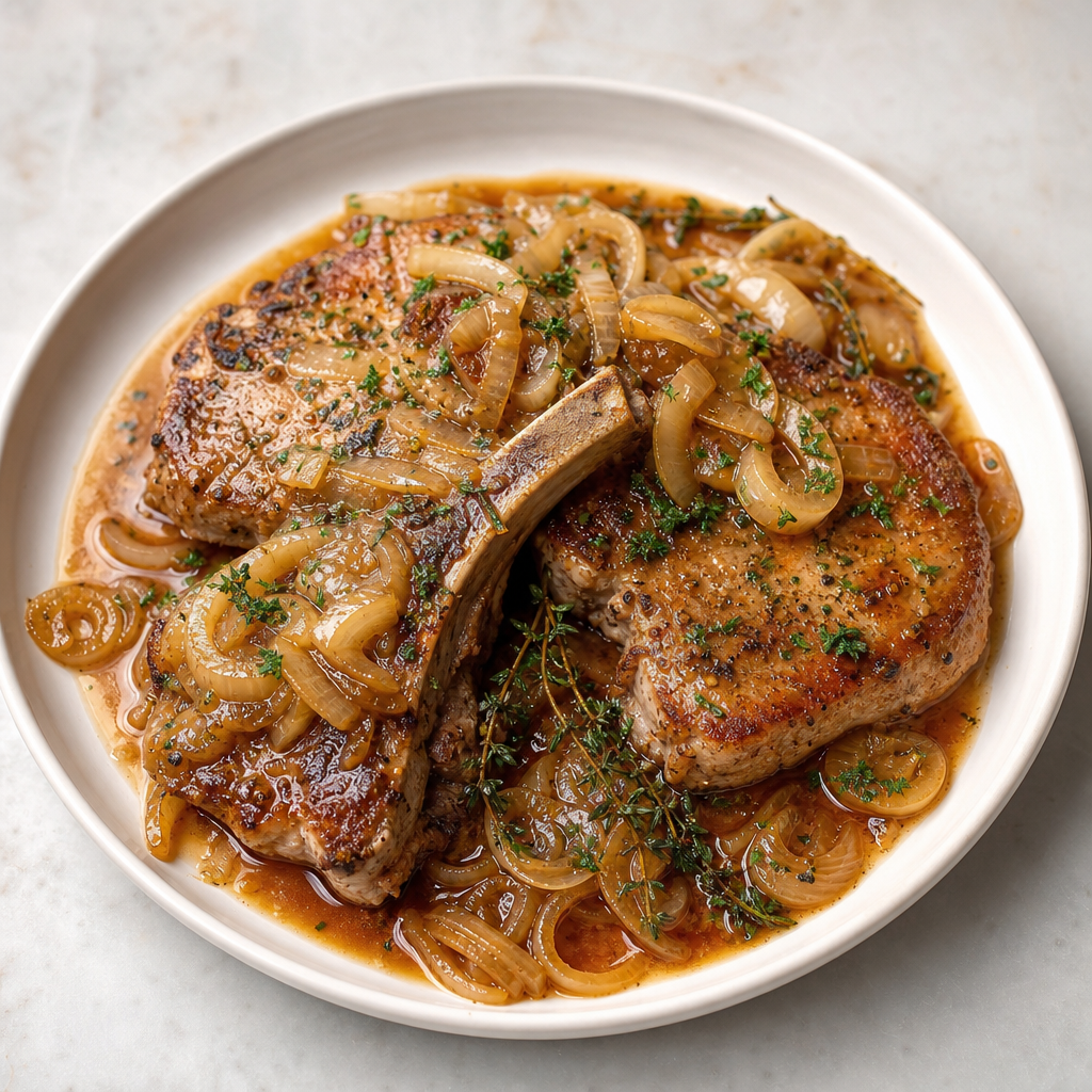 Apple Cider Braised Pork Chops with Onions