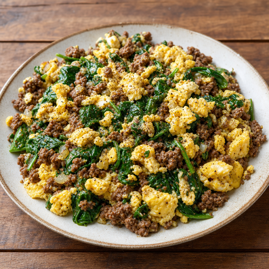 Ground Beef and Spinach Scramble with Eggs
